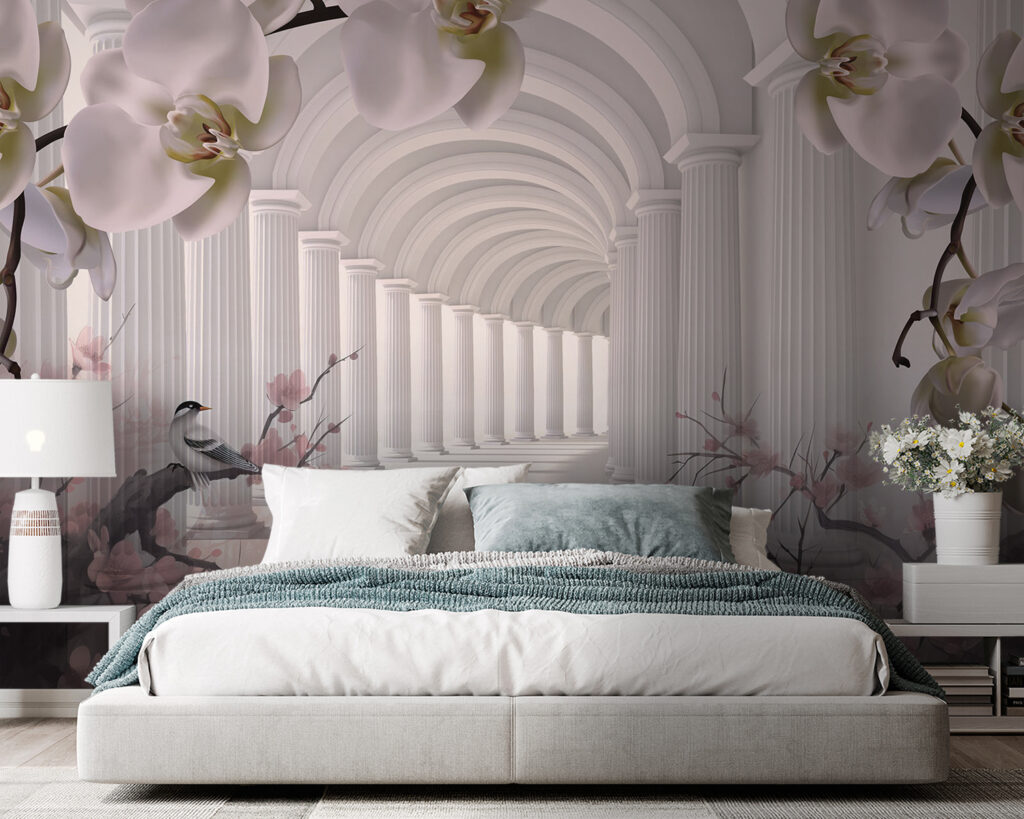 Uccellini tra archi floreali — ambiente 2