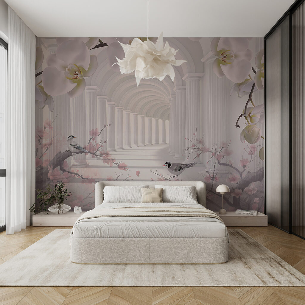 Uccellini tra archi floreali — ambiente 6