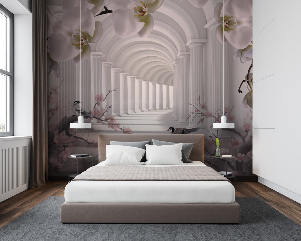 Uccellini tra archi floreali — ambiente 3