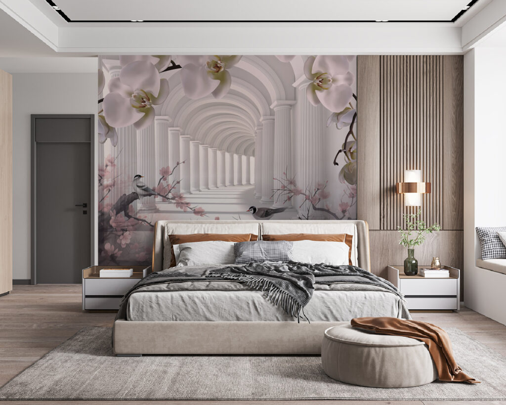 Uccellini tra archi floreali — ambiente 4