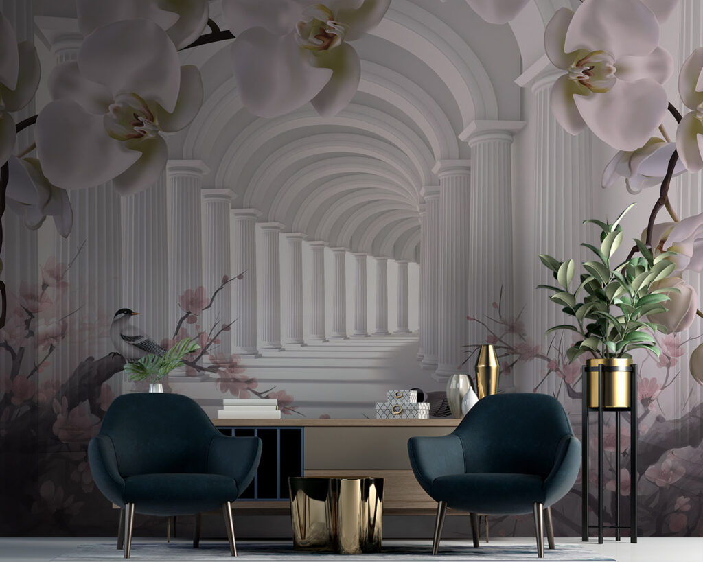Uccellini tra archi floreali — ambiente 1