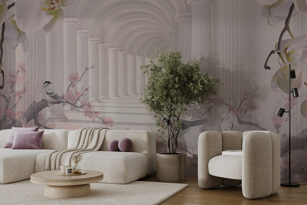 Uccellini tra archi floreali — ambiente 7
