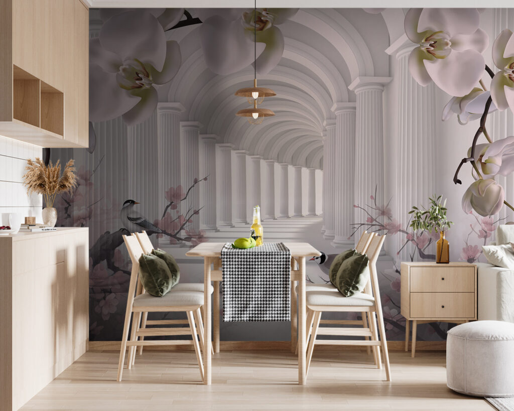 Uccellini tra archi floreali — ambiente 5