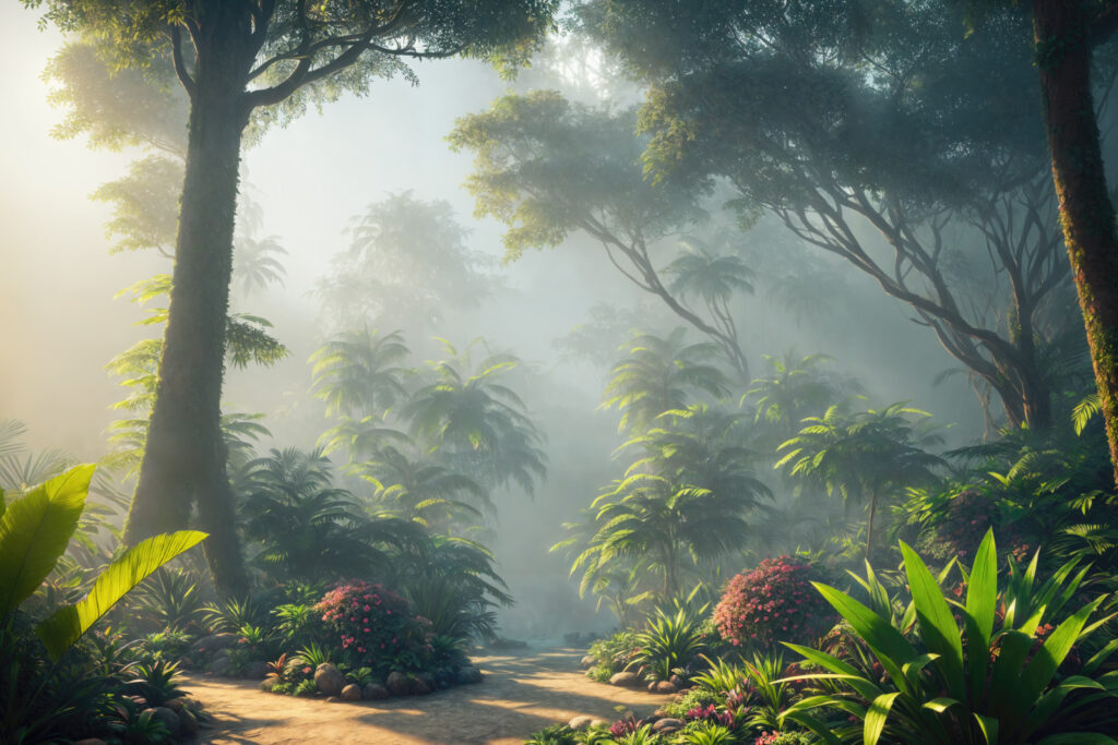 Sentiero tra foglie tropicali — design completo