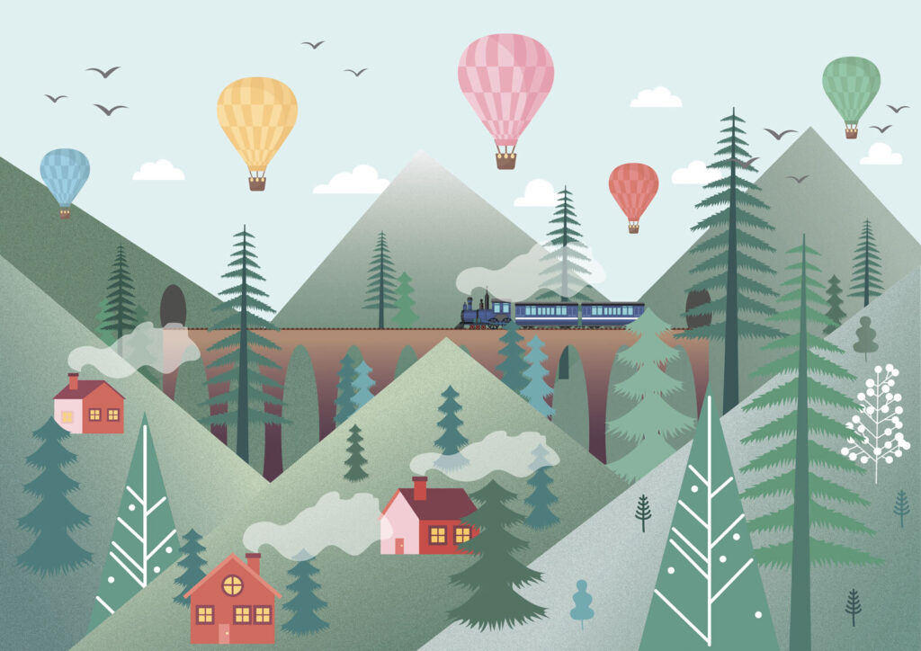 Treno sotto i palloncini — design completo
