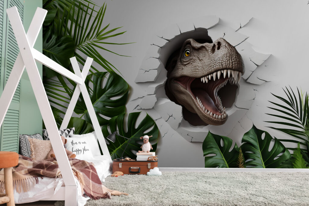 Dinosauro tra le foglie in un ambiente