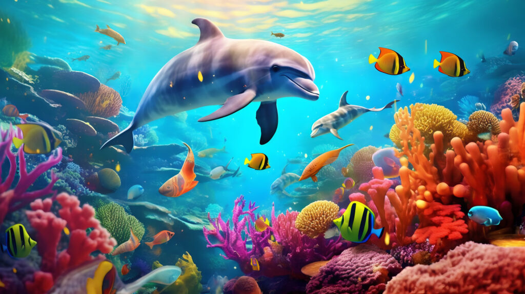 Delfino tra i coralli — design completo