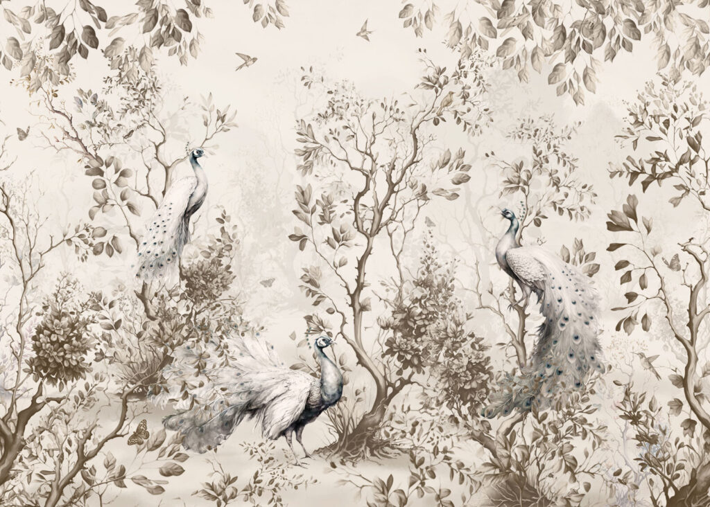 Pavoni tra gli alberi — design completo