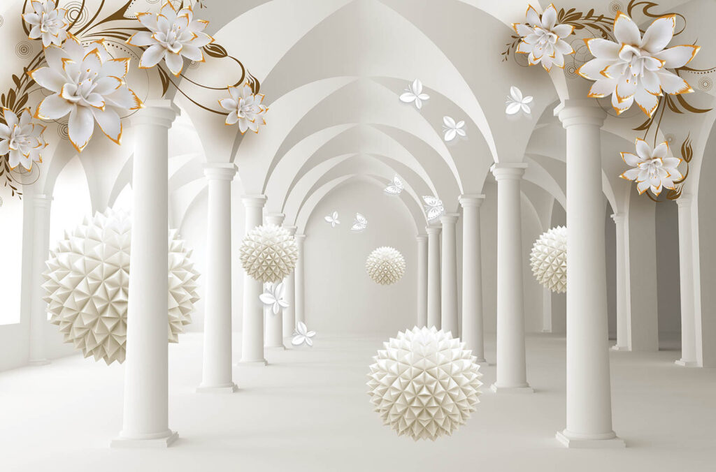 Sfere bianche sotto archi — design completo