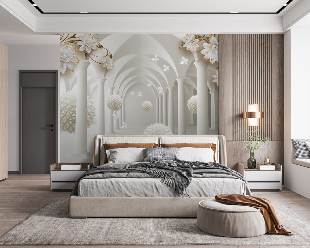 Sfere bianche sotto archi — ambiente 2