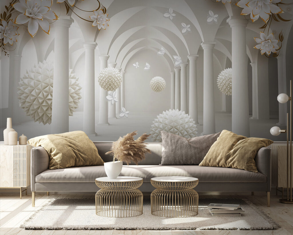 Sfere bianche sotto archi — ambiente 5