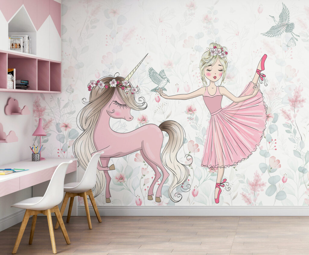 Ballerina e unicorno in un ambiente