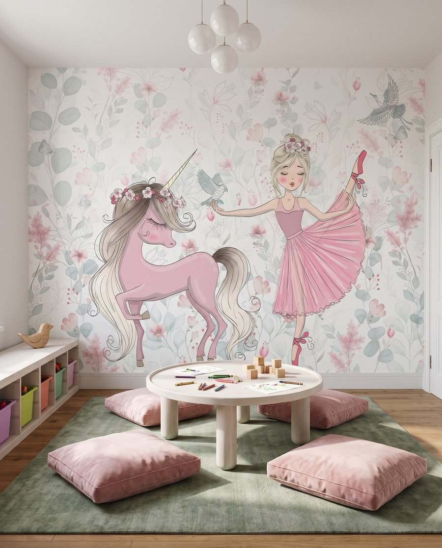 Ballerina e unicorno in un ambiente