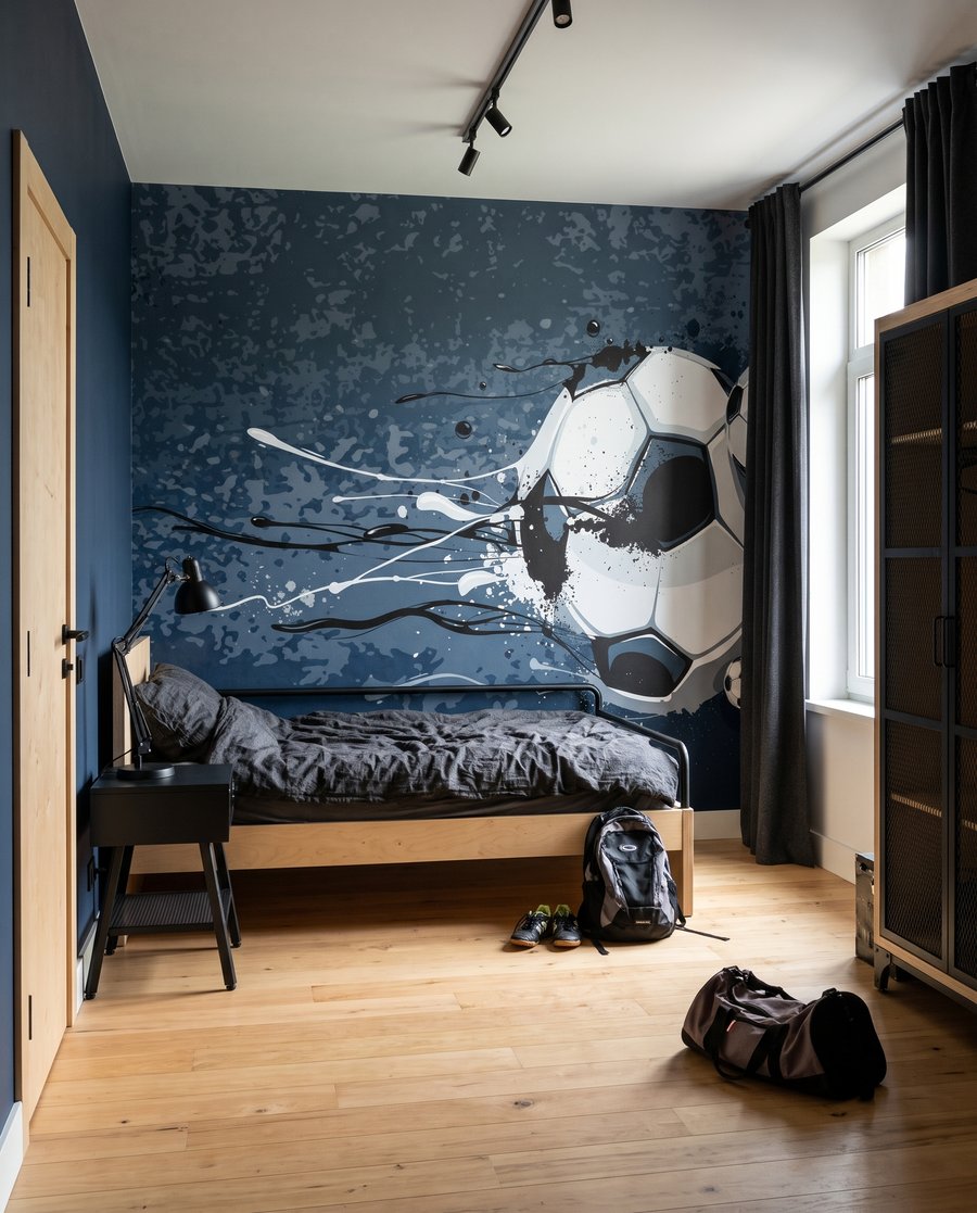 Pallone tra vernice blu in un ambiente
