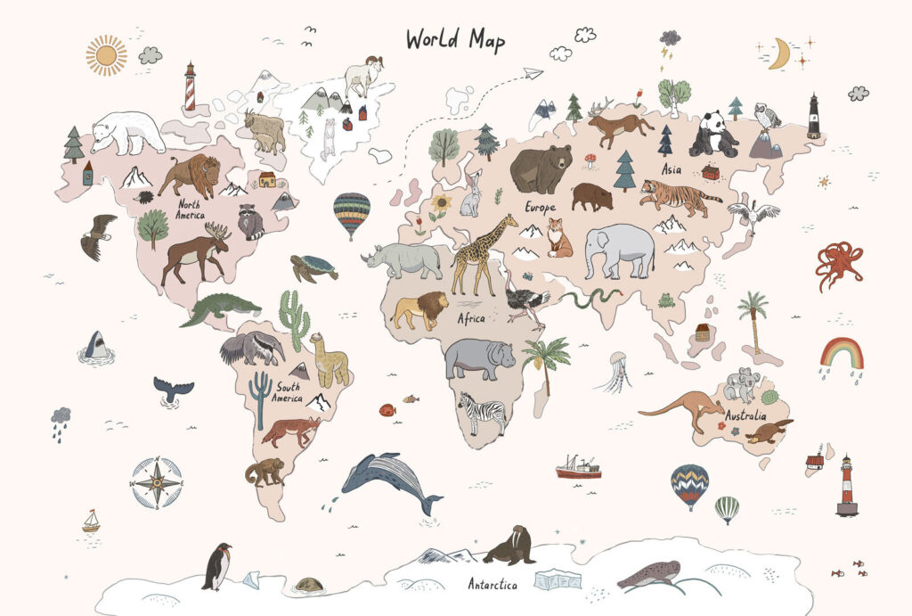 Continenti con animali disegnati — design completo