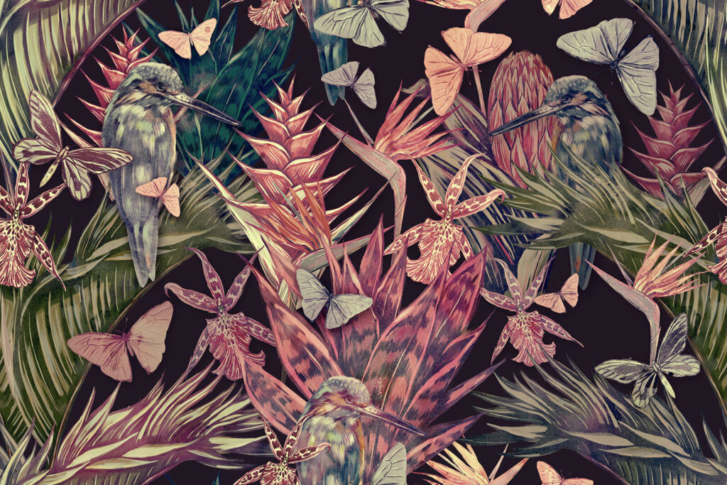Pappagalli tra piante tropicali — design completo