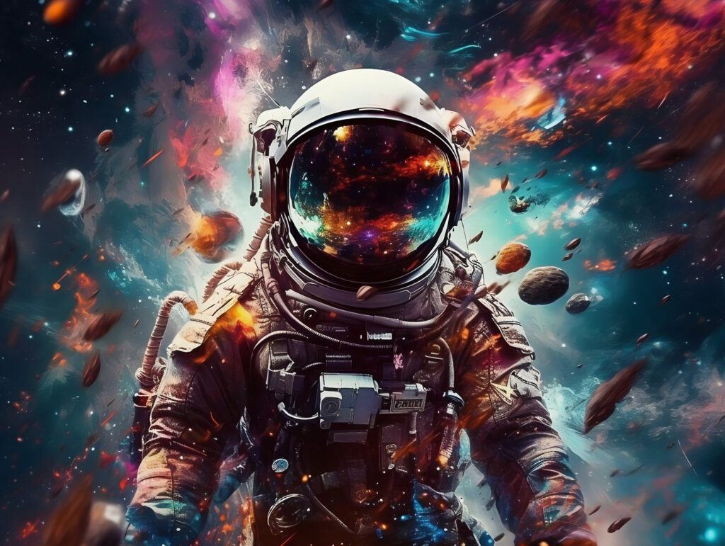 Astronauta tra nebbie colorate — design completo