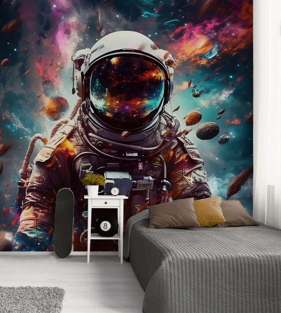 Astronauta tra nebbie colorate in un ambiente