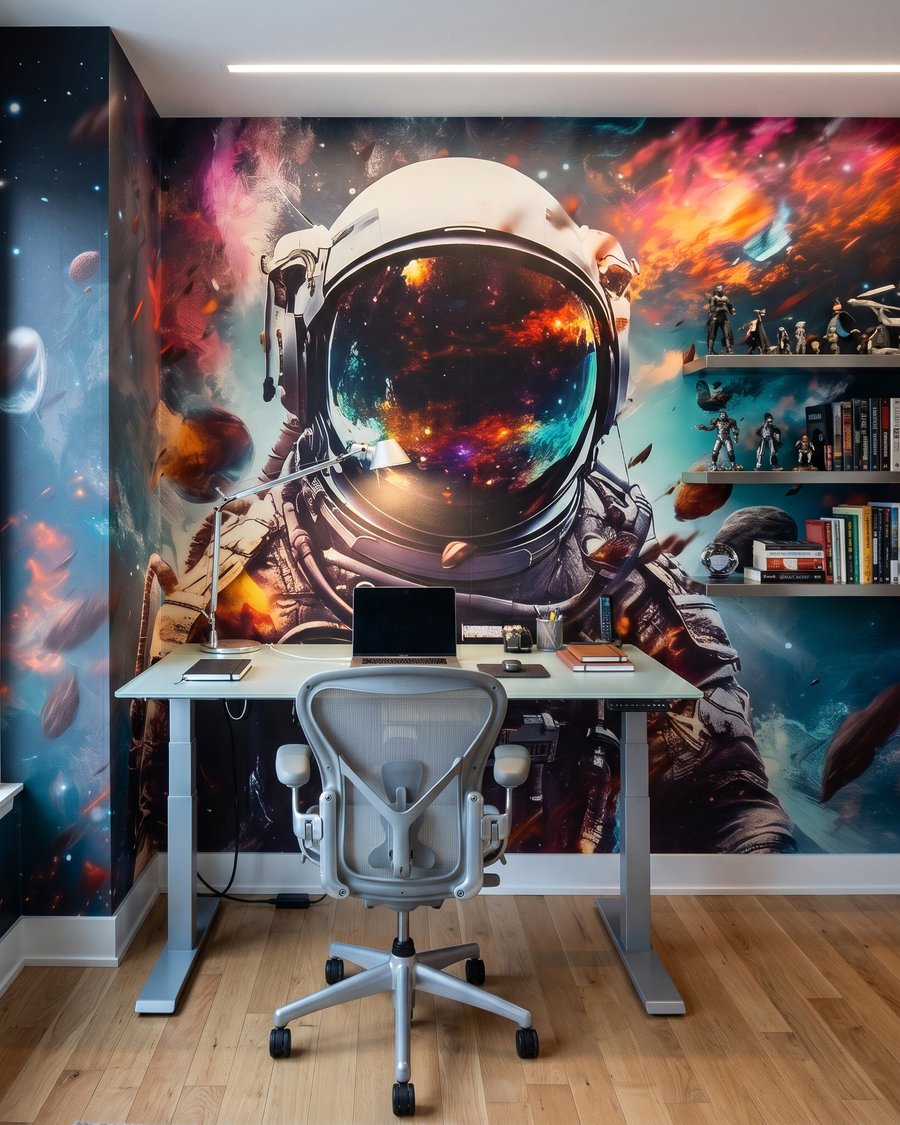 Astronauta tra nebbie colorate in un ambiente