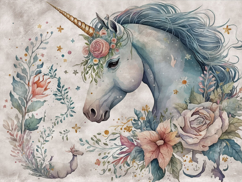Unicorno tra i fiori — design completo
