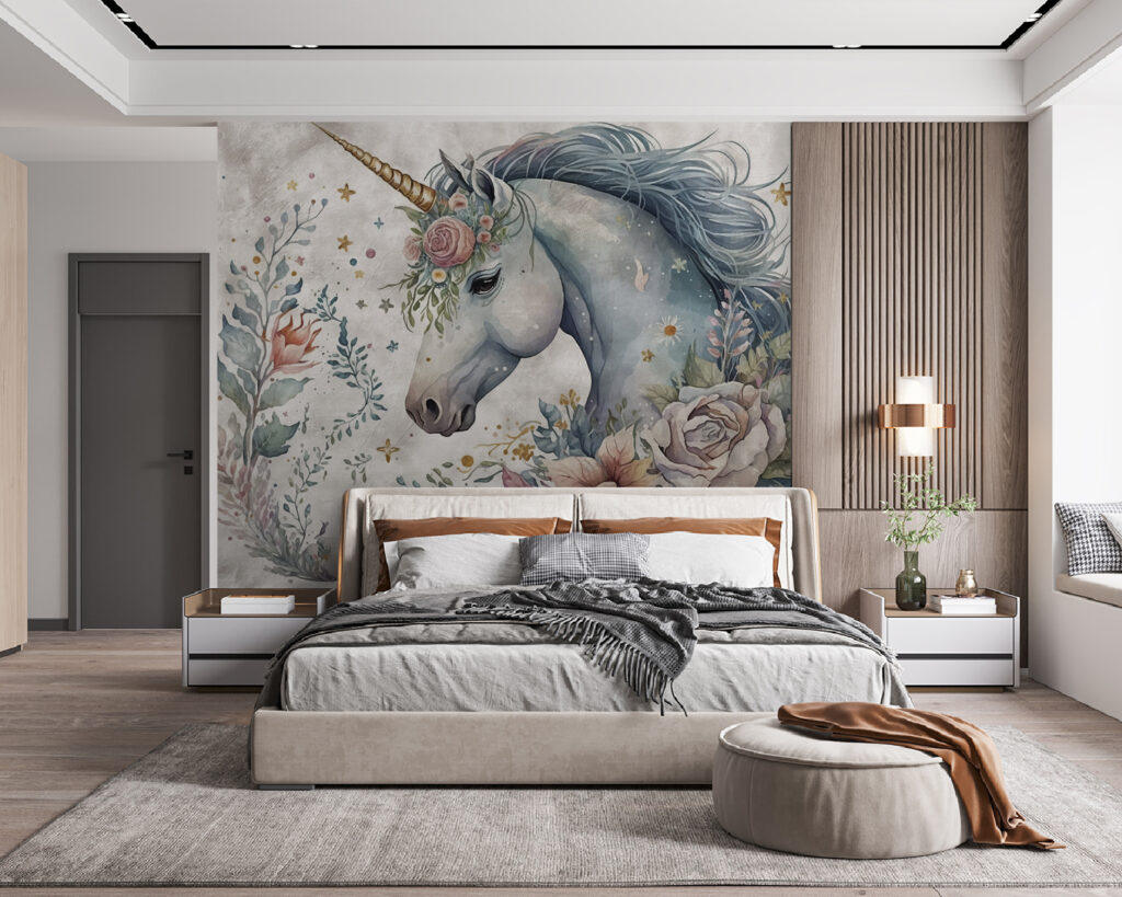 Unicorno tra i fiori in un ambiente