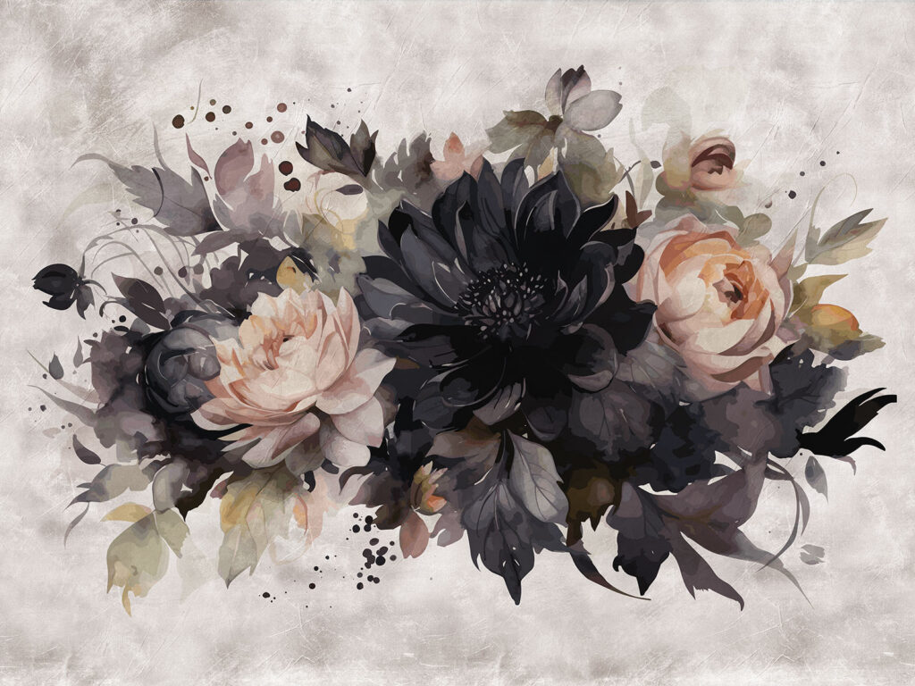 Fiori scuri su bianco — design completo
