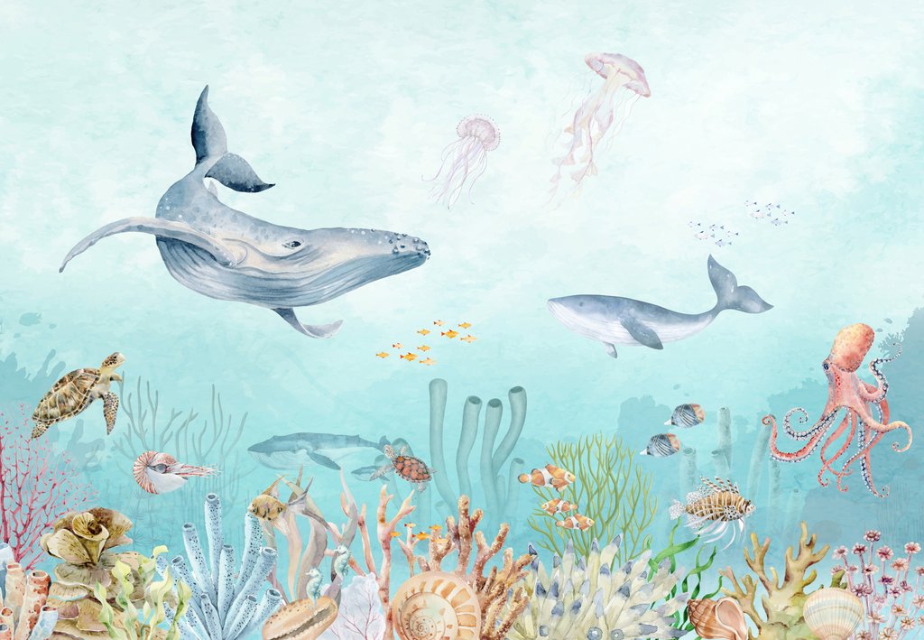 Balene tra coralli colorati — design completo