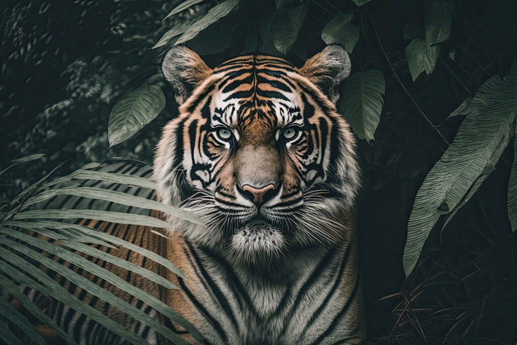 Tigre tra foglie scure — design completo