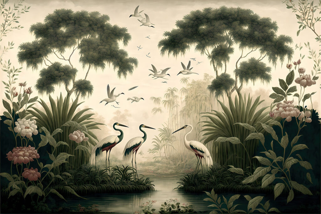 Aironi tra gli alberi — design completo