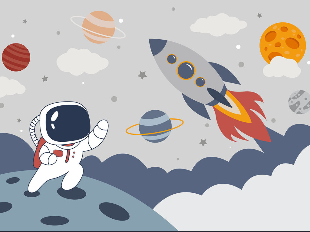Astronauta sotto il razzo — design completo