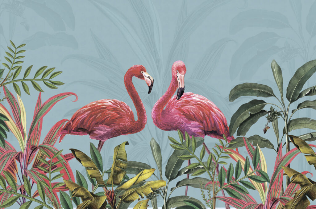 Fenicotteri tra steli colorati — design completo