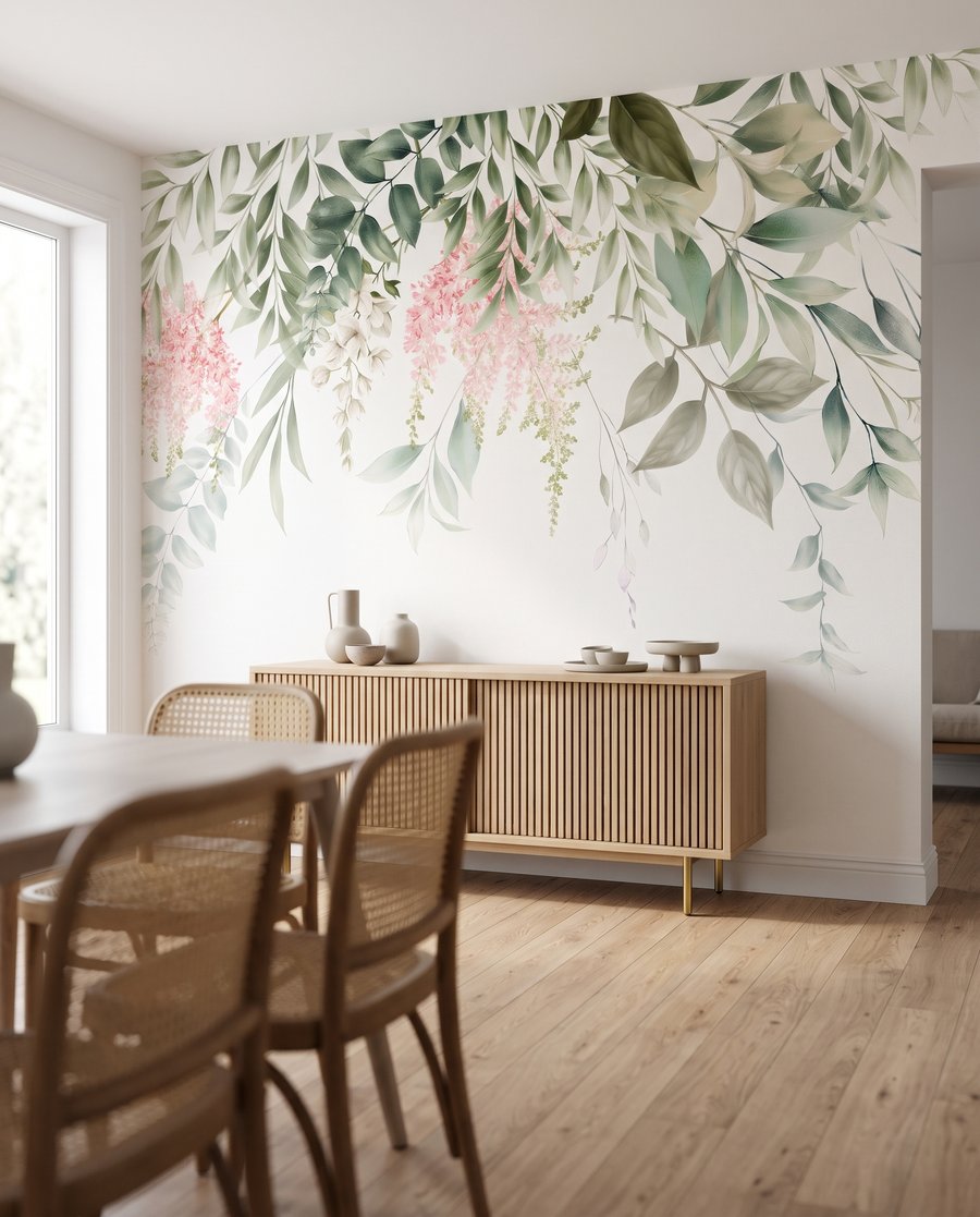 Fiori sotto foglie fresche in un ambiente