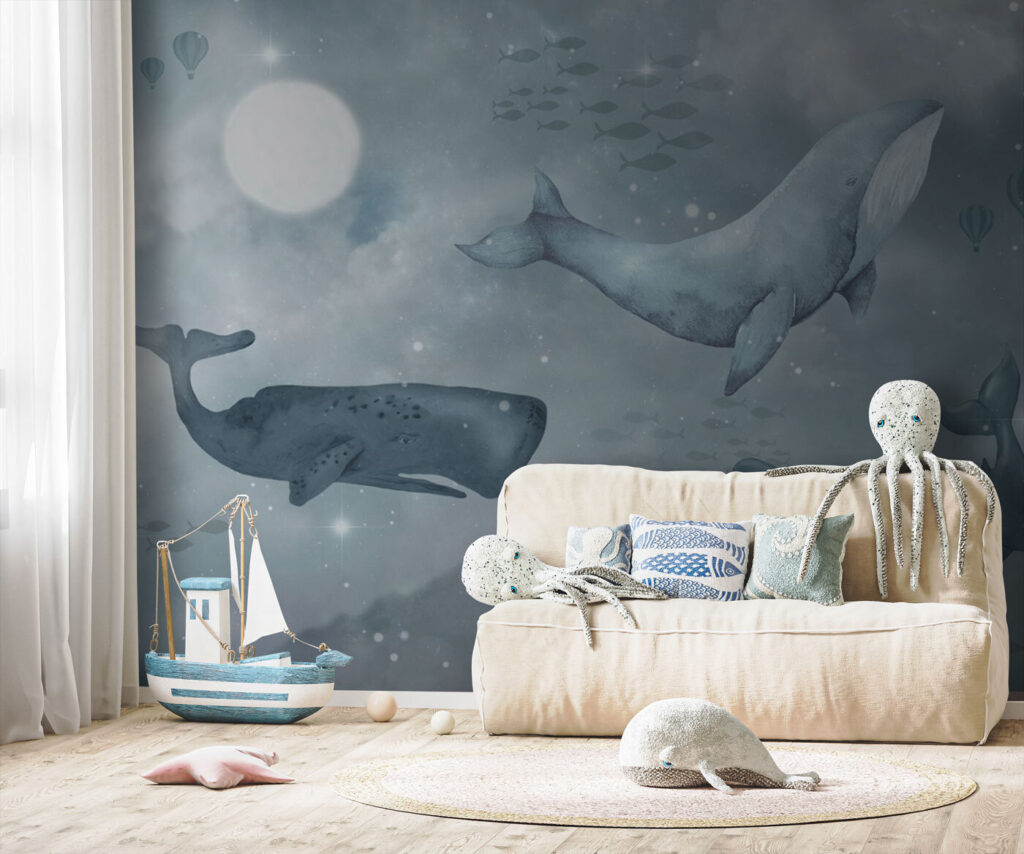 Balene sotto la luna in un ambiente
