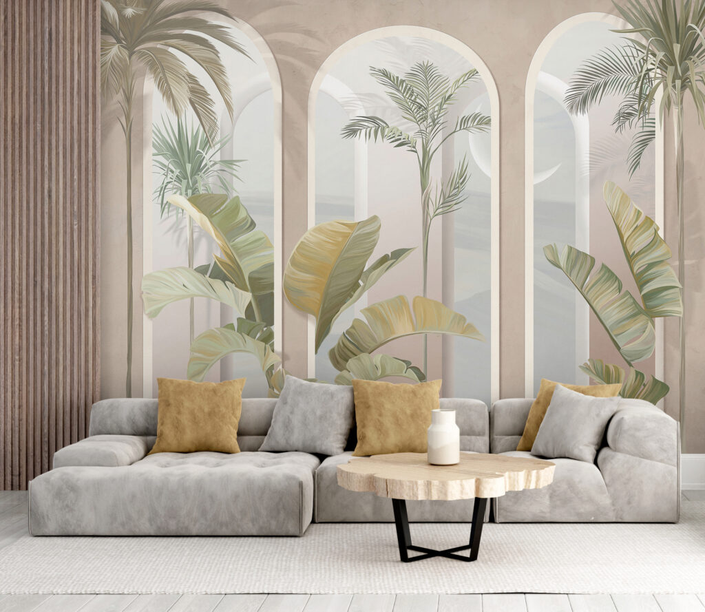 Palme tra archi rosa in un ambiente