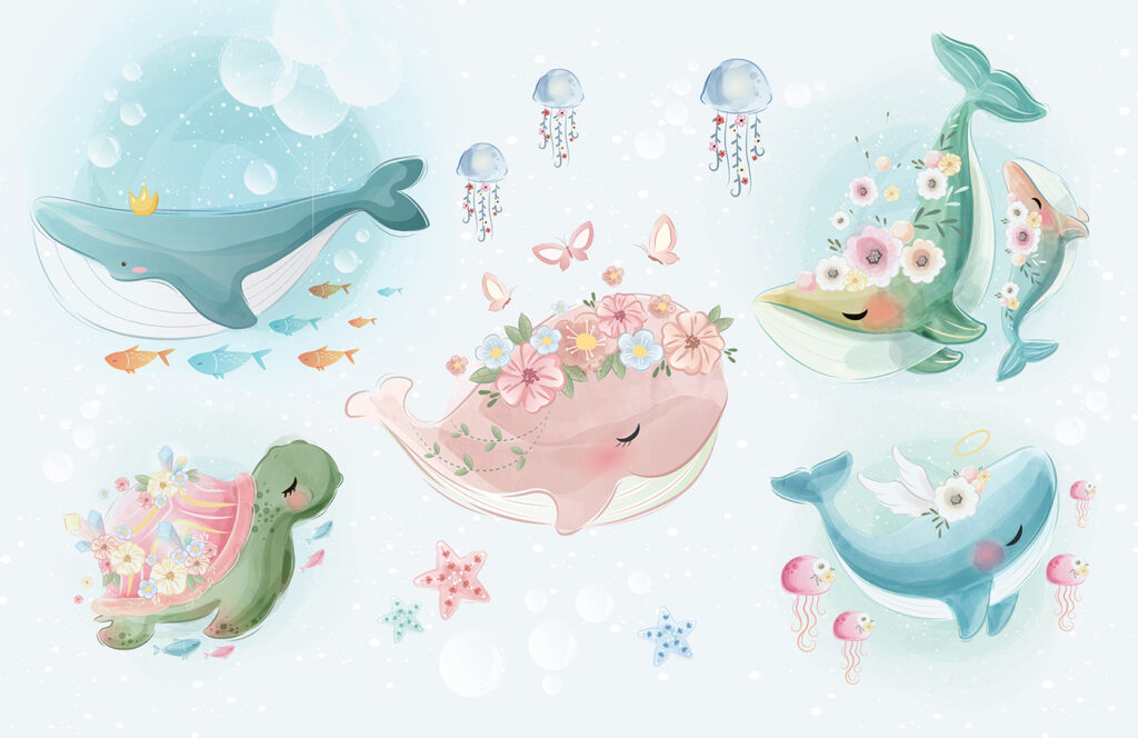 Balene con ghirlande — design completo
