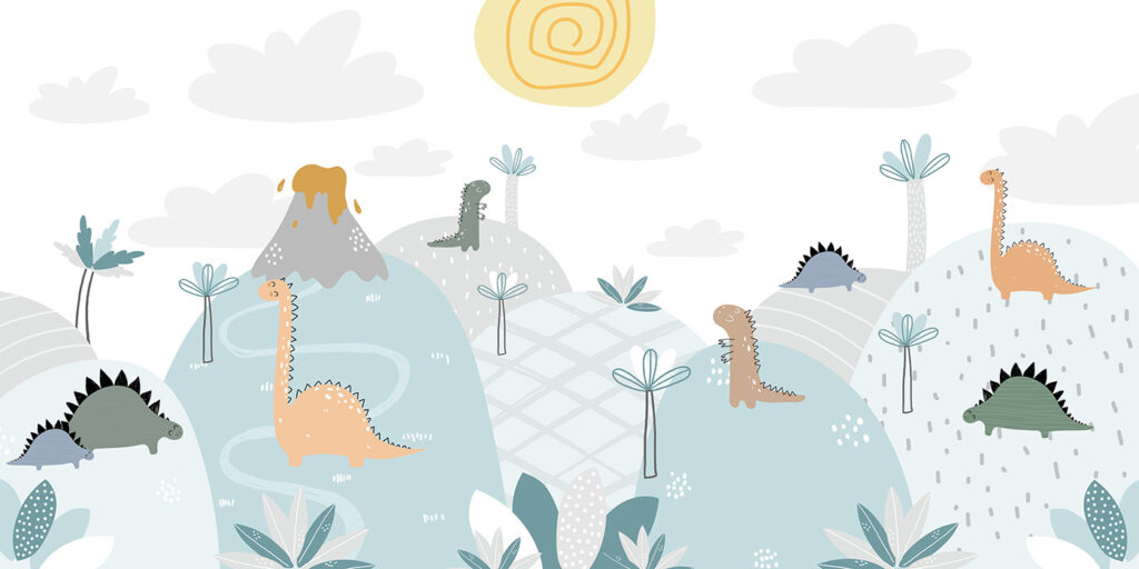 Dinosauri tra vulcani pastello — design completo