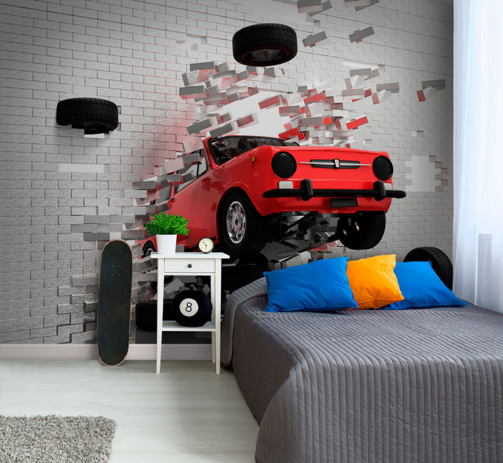 Auto rossa dal muro in un ambiente