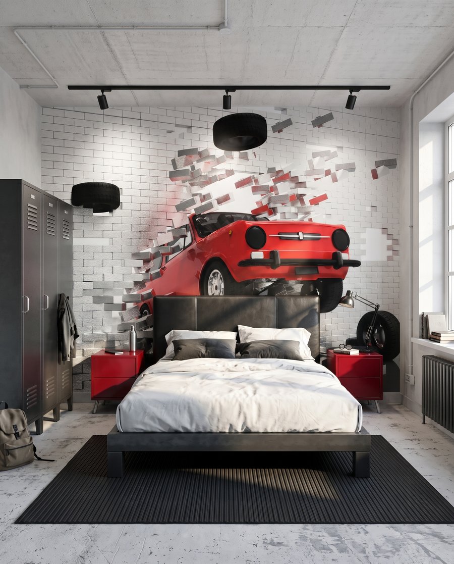 Auto rossa dal muro in un ambiente