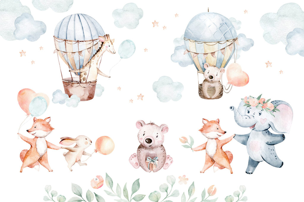 Animaletti tra due mongolfiere — design completo