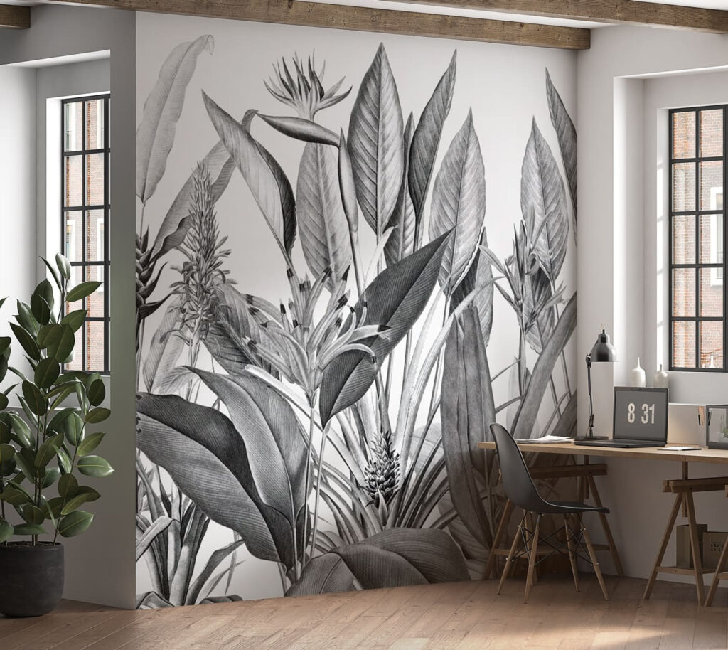 Fiori tropicali e foglie in un ambiente