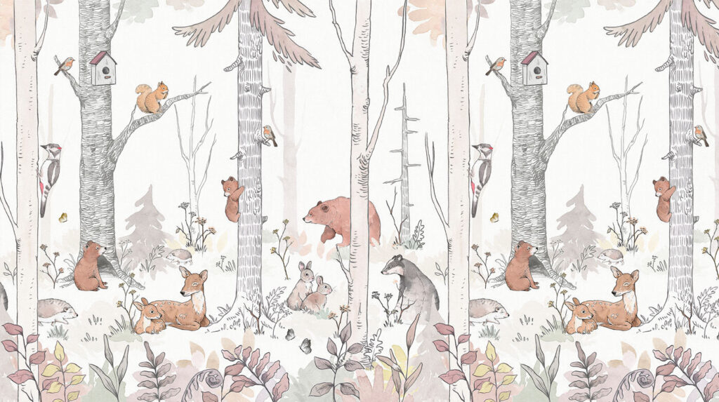 Animali tra tronchi bianchi — design completo