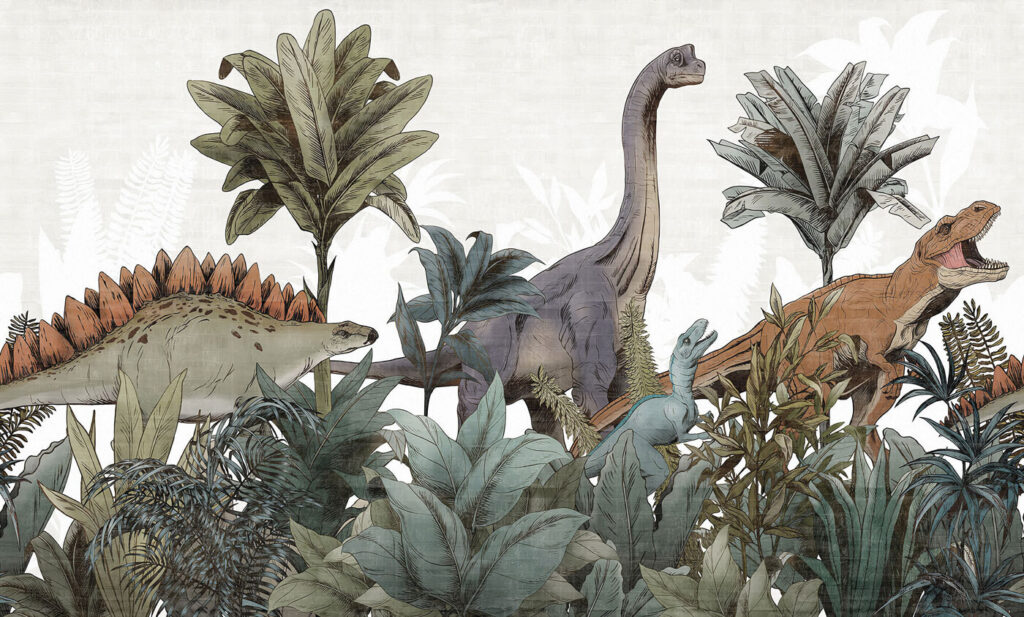 Dinosauri tra foglie larghe — design completo