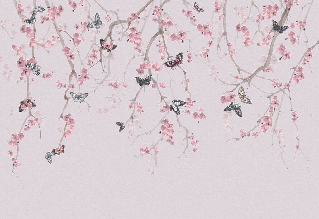 Farfalle tra fiori rosa — design completo