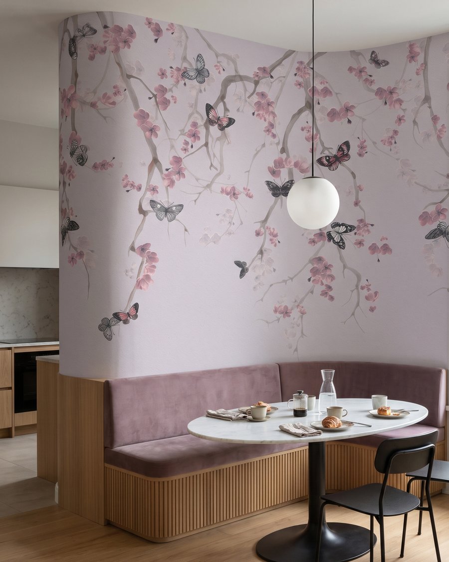 Farfalle tra fiori rosa in un ambiente