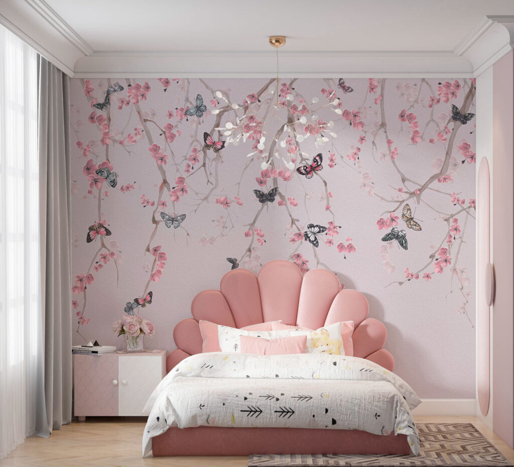 Farfalle tra fiori rosa in un ambiente