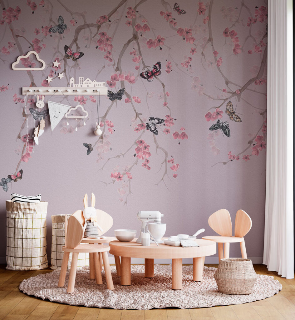 Farfalle tra fiori rosa — ambiente 3