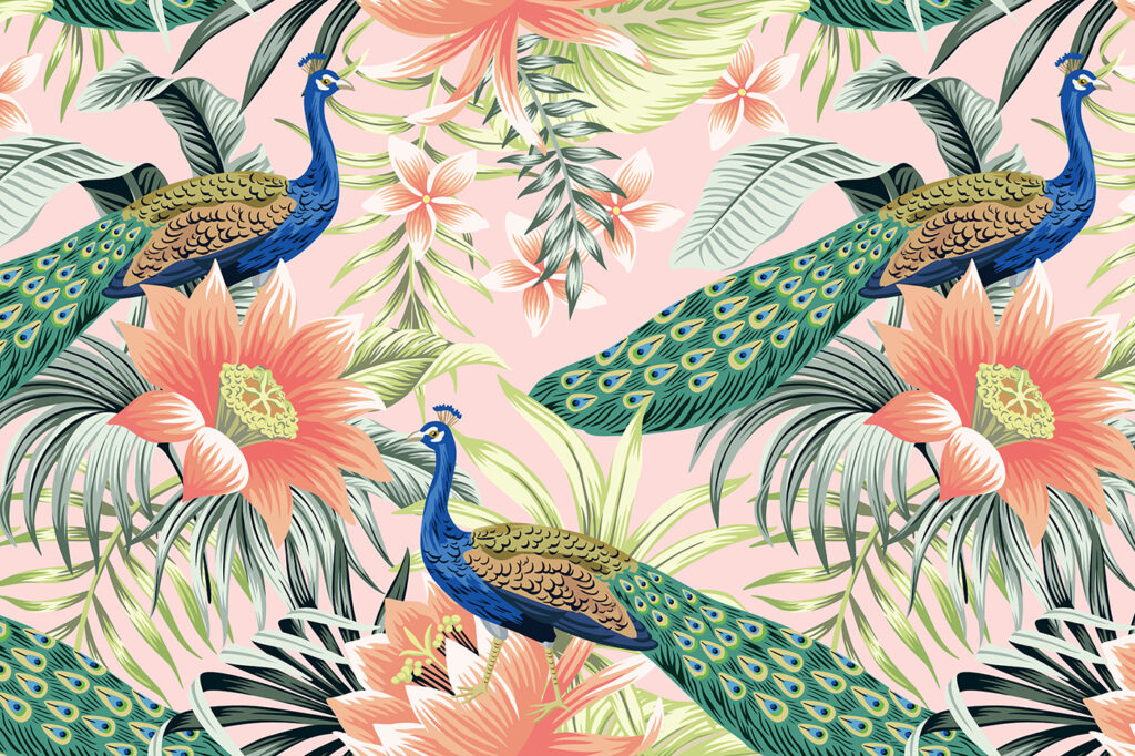 Pavoni tra fiori arancio — design completo