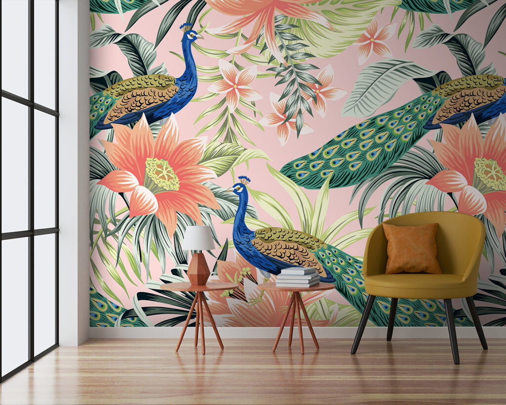 Pavoni tra fiori arancio — ambiente 1