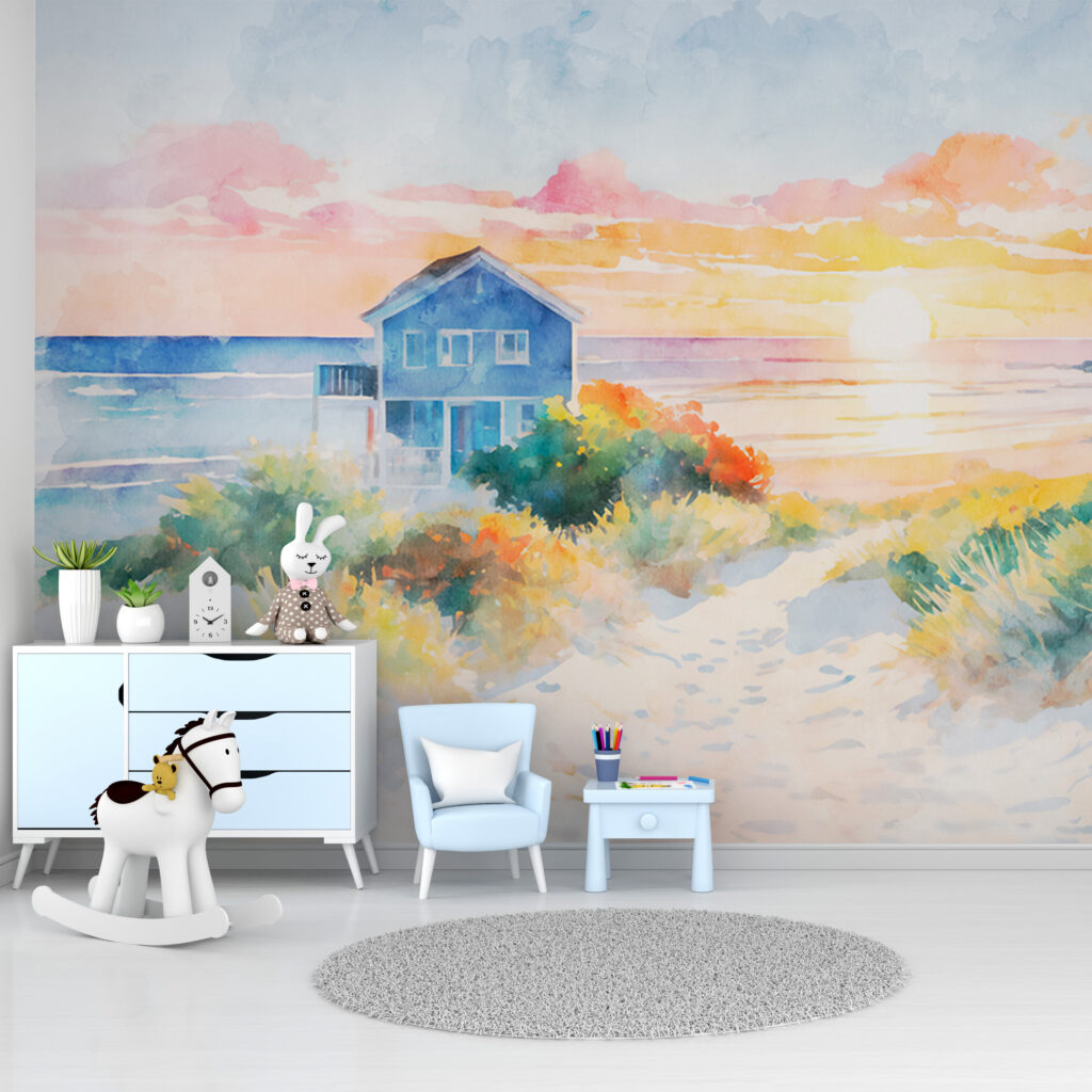 Casa blu sul mare in un ambiente