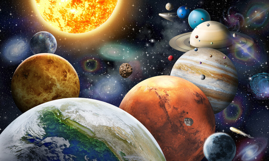 Sole e pianeti colorati — design completo